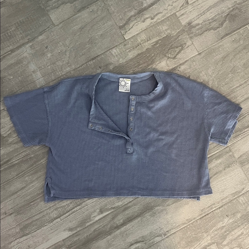 Aerie Offline Women’s Waffle Knit Blue Button Crop Shirt